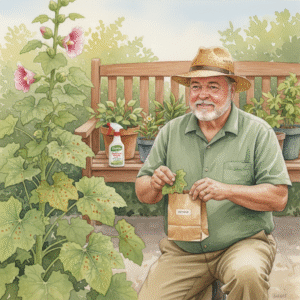 Keith Funk removing rusted hollyhock leaves — illustrating garden pest control.