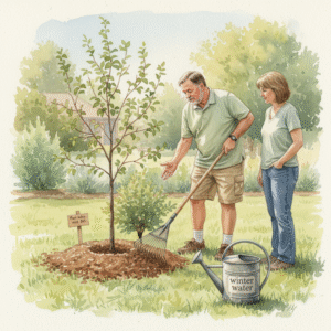 Keith Funk mulching newly planted shrubs showing tree and shrub fall care