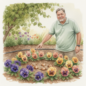 Keith Funk planting pansies and bulbs symbolizing pansies for fall.