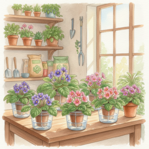Traditional watercolor illustration of a gardener in a sunlit indoor growing space, gently inspecting healthy African violets with vibrant green leaves and purple and pink blooms. The plants are housed in clear self-watering pots on a wooden table, with soft natural light streaming in from a large window and gardening supplies on shelves in the background.