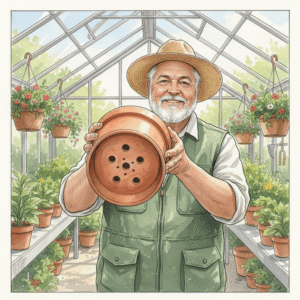 Keith Funk checking drainage holes, symbolizing proper container gardening drainage.