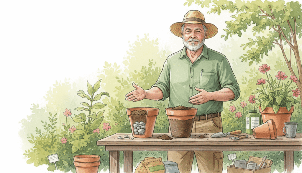 Keith Funk explaining container drainage myth, representing proper container gardening drainage.