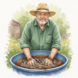 Keith Funk preparing potting mix, showing proper potting mix for containers.