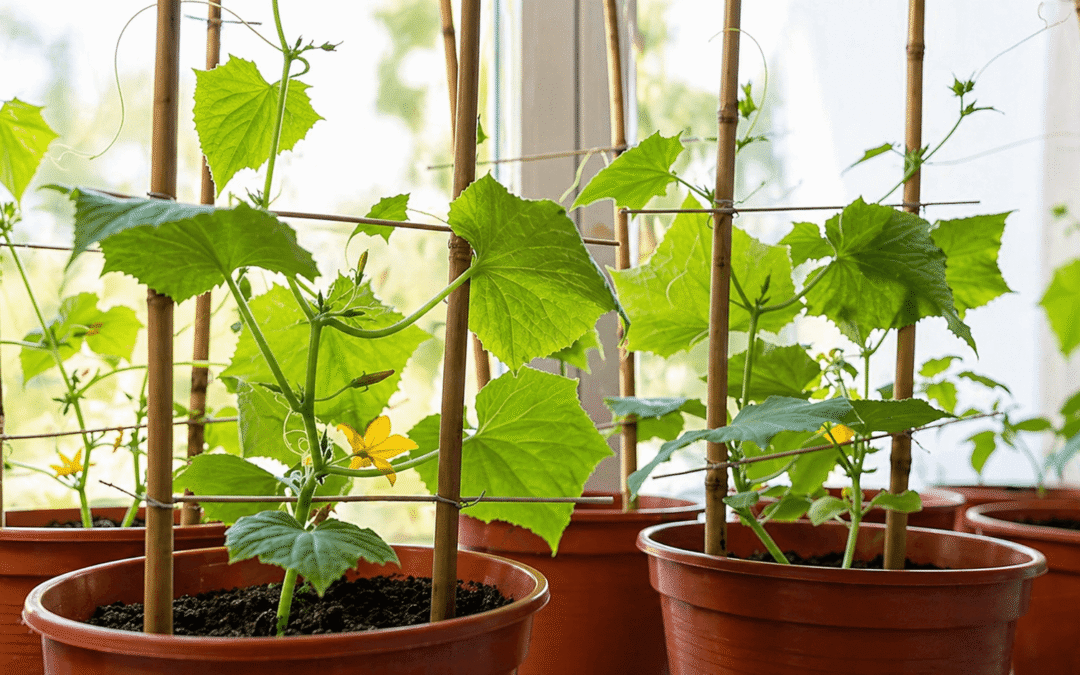 Green climbing plants with large lobed leaves growing in terracotta pots on a sunny windowsill or greenhouse.
