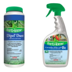 Label of Ferti-lome Dipel Dust biological insecticide for killing caterpillars and other garden pests.