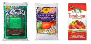 Three bags of gardening supplies: EKO Compost, Gro-Rich Garden Fertilizer, and Organic Tomato-Tone plant food (white bags)