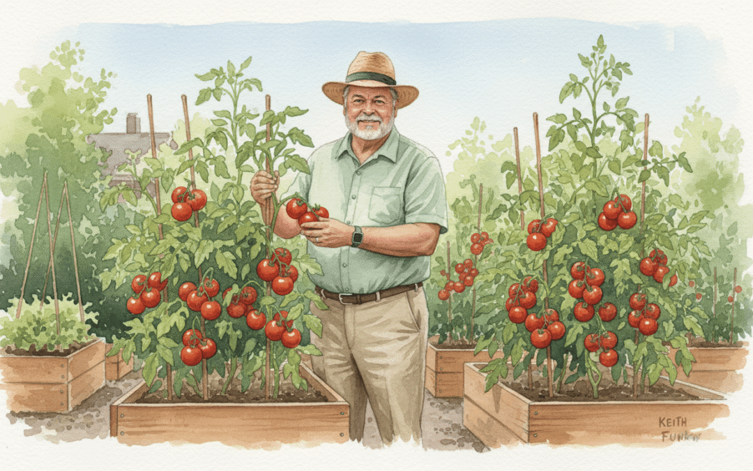 A gardener in a straw hat and green shirt inspects ripe red tomatoes on trellised plants in raised wooden beds in a sunny garden procured with lush greenery around him,