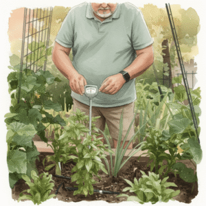 Keith Funk Checking garden conditions — showing seasonal gardening wisdom for high elevations.