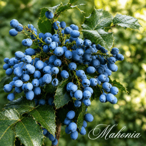 Cluster of blue berries on a Mahonia plant with glossy spiky leaves; 'Mahonia' script visible in the corner.