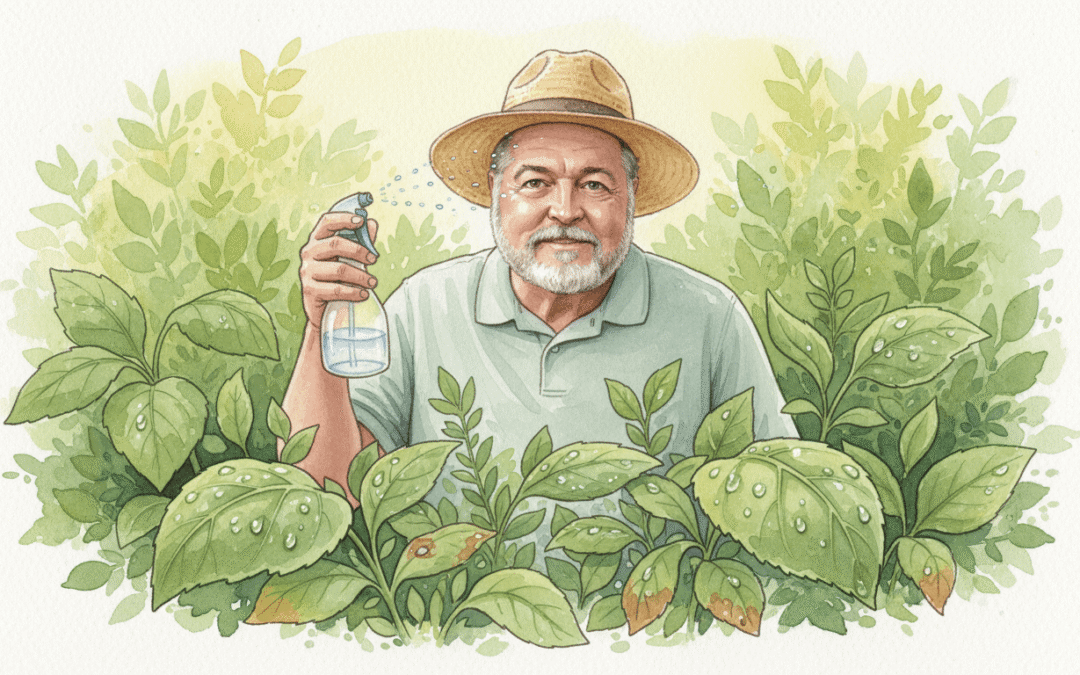 Older man wearing a straw hat spritzing plants with a spray bottle in a lush garden.