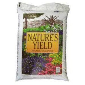 Bag of Nature's Yield Organic Compost with a colorful flower-filled garden image on the front, featuring a yellow label reading 'Nature's Yield'