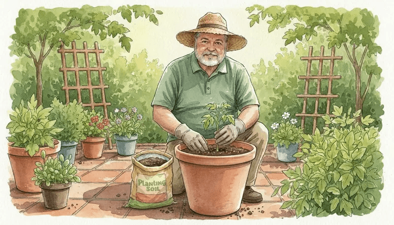 Gardener wearing a straw hat plants a seedling into a large terracotta pot on a sunny patio, surrounded by potted plants.