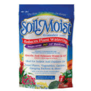 Blue SolMoist Plant Watering Crystals bag with flowers and vegetables artwork; tagline reads 'Reduces Plant Watering'.