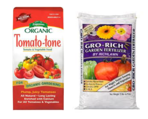 Front of a Tomato-tone Tomato & Vegetable Food bag showing a cluster of ripe tomatoes in red, yellow, and orange with green stems. Bag of GRO-RICH Garden Fertilizer by Richlawn with tomato and flowers on a purple label, indicating garden use, 15 lb (approx).