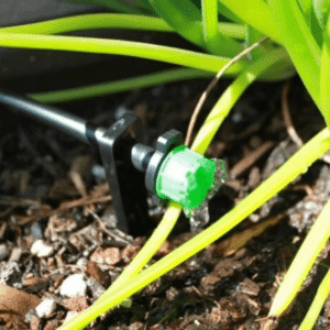 Green drip irrigation emitter attached to tubing in garden soil among plant leaves (close-up)