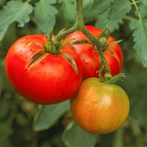 Cluster of red tomatoes on a vine with a green-orange tomato, surrounded by green leaves.