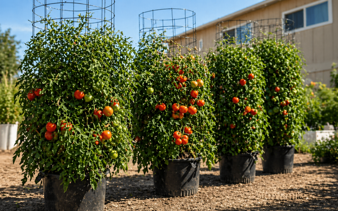 Potted tomato plants growing on the ground, supported by metal cages, with ripe red and green tomatoes visible in a sunny nursery setting