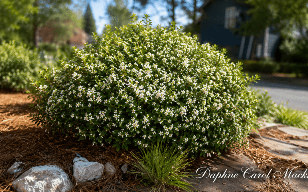 Dense green shrub covered with many small white flowers in a landscaped yard, with pine straw mulch and rocks in the foreground.