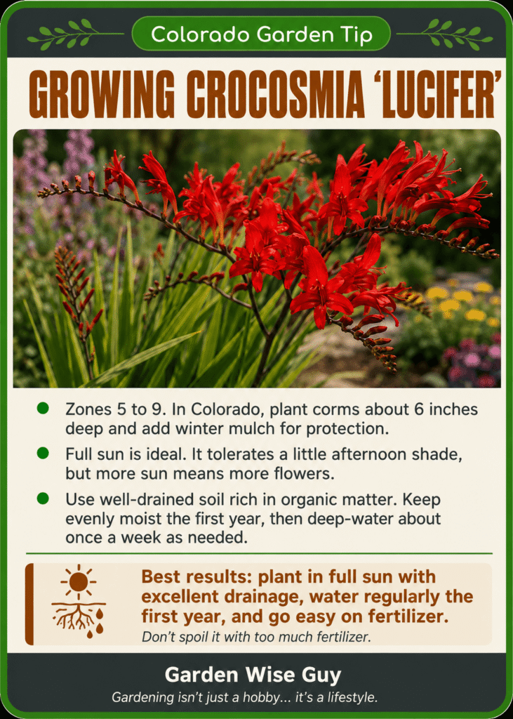 Colorado Garden Tip card showing red Crocosmia ‘Lucifer’ Colorado Garden Tip card showing red Crocosmia ‘Lucifer’ flowers; includes growing tips for Zones 5–9, sun exposure, soil and watering.