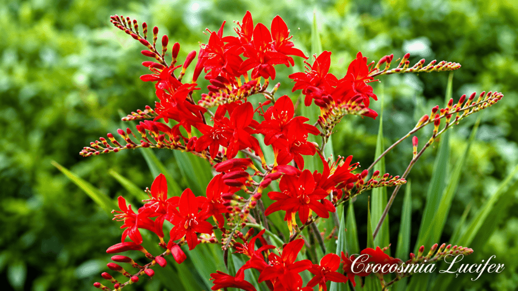 Red Crocosmia flowers (Crocosmia Lucifer) in a sunny garden, with a green leafy background and the name Crocosmia Lucifer displayed at the bottom right.