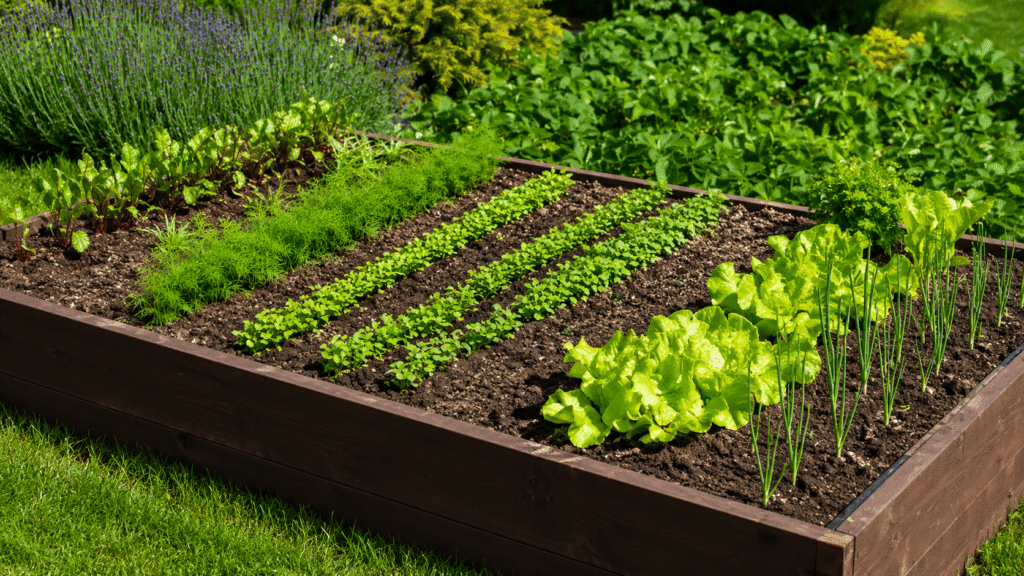 Raised wooden garden bed with neatly spaced rows of leafy greens and herbs in a sunny backyard.