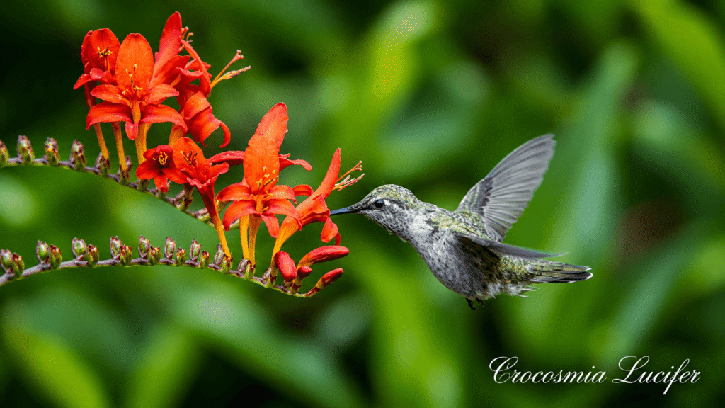 Hummingbird feeding on red Crocosmia flowers against a blurred green background.