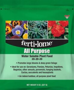 Green Fertilome All Purpose Water Soluble Plant Food bag with photos of flowers and succulents on the label.