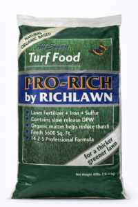 Bag of Pro-Rich by RichLawn lawn fertilizer with green turf graphic and blue branding, 40 lb net weight.
