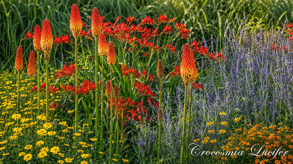 Garden border with tall orange-red torch lilies, yellow daisies, and purple spiky flowers against green foliage.