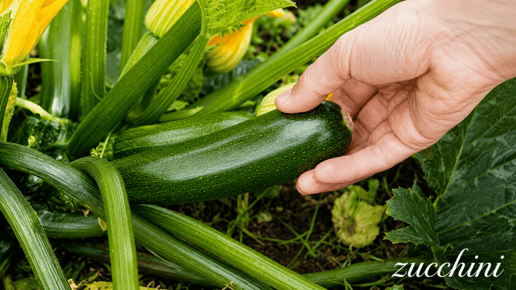 Hand picking a dark green zucchini from a sprawling zucchini plant in a garden with yellow blossoms nearby.