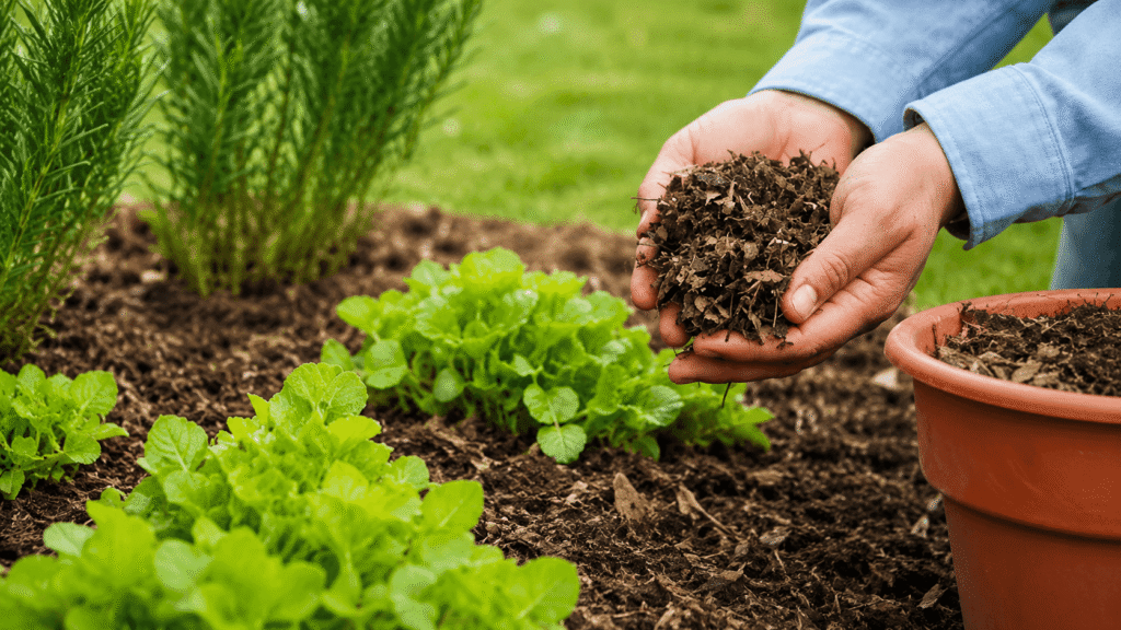 Hands holding crumbly soil above young lettuce plants in a garden bed.