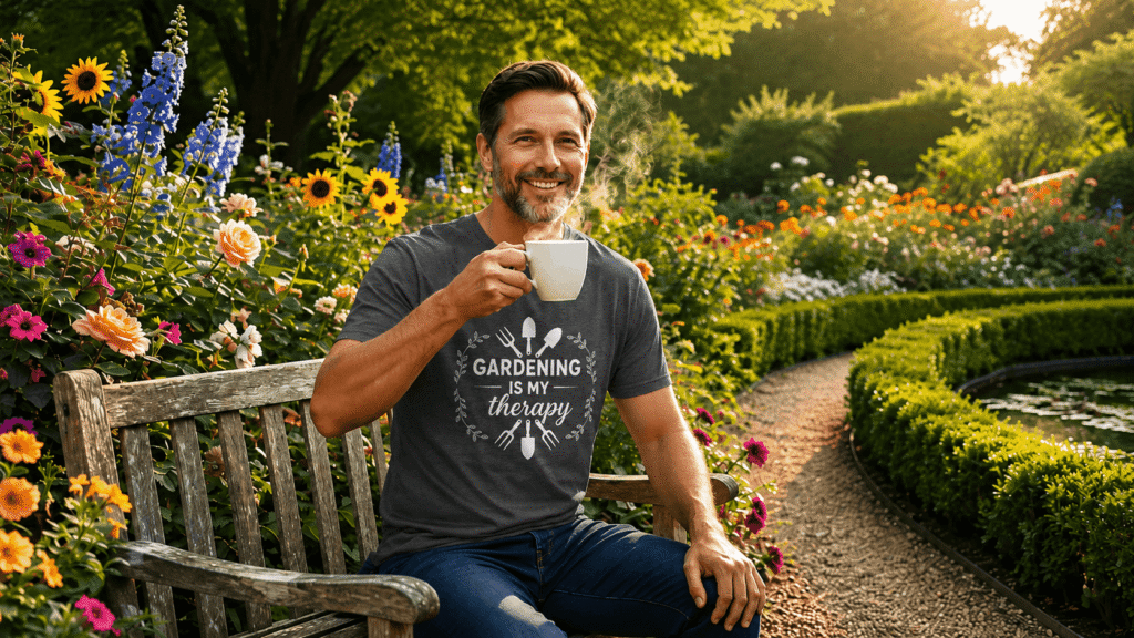 Smiling man sits on a weathered wooden bench in a sunlit garden holding a mug of coffee among vibrant flowers and greenery.