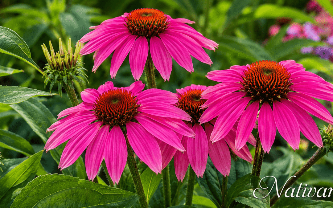 Pink Echinacea flowers with orange cone centers in a lush garden area.