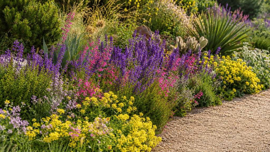 Colorful flowering border along a gravel path with purple and yellow blooms.