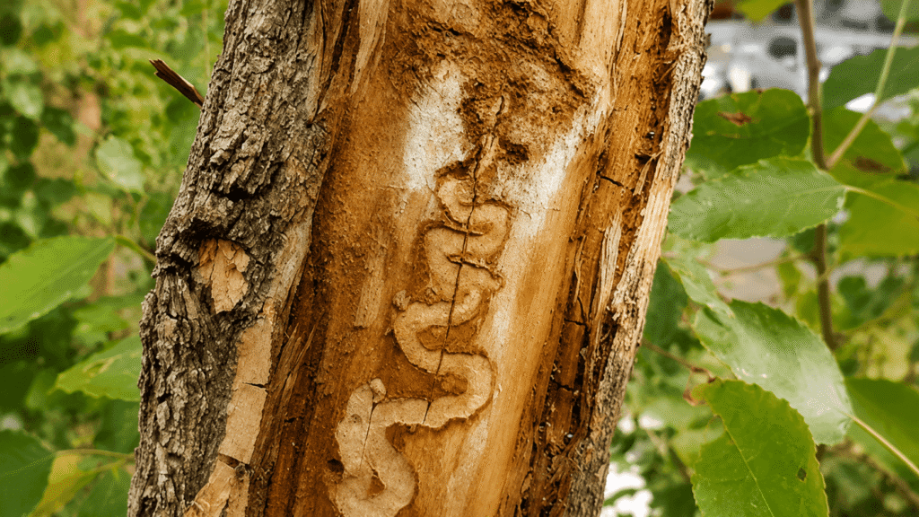 Tree trunk with peeling bark and a winding lighter section of exposed wood, showing a serpentine pattern among green leaves nearby.