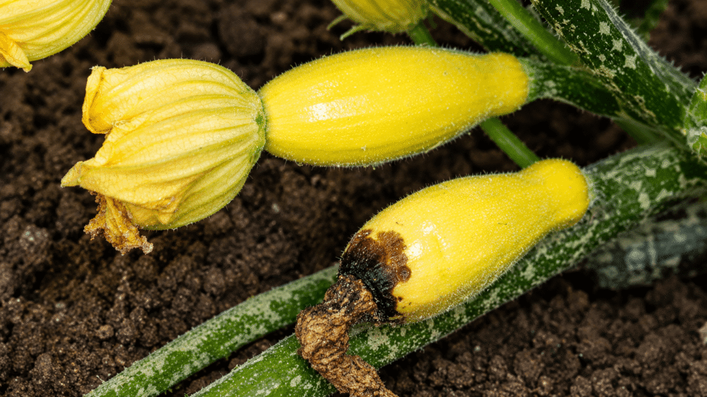 Close-up of bright yellow squash blossoms on a fuzzy green zucchini stem, growing in dark soil.