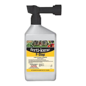 White plastic spray bottle labeled Fertilome F-Stop lawn & garden fungicide with a black trigger sprayer cap.