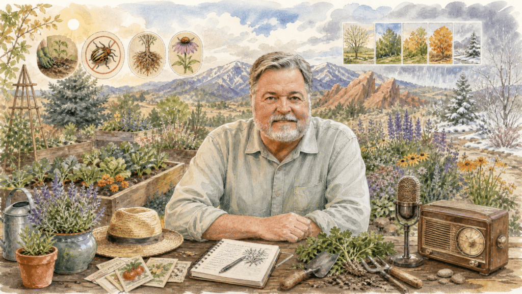 Smiling man with a gray beard sits at a garden workspace, surrounded by potted plants, a straw hat, notes, and a vintage radio.