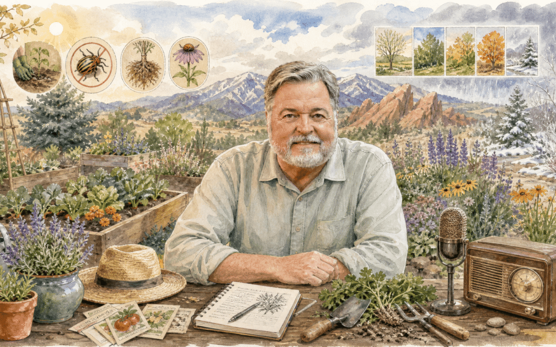 Smiling man with a gray beard sits at a garden workspace, surrounded by potted plants, a straw hat, notes, and a vintage radio.
