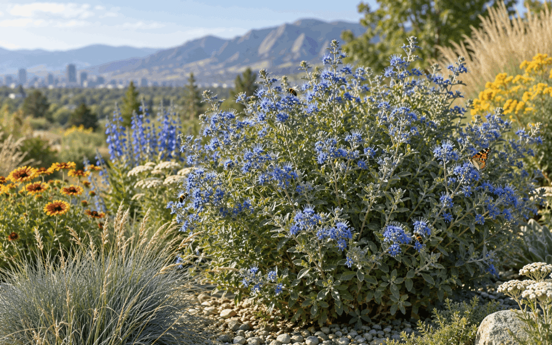 blue mist spirea in a water-wise Front Range garden