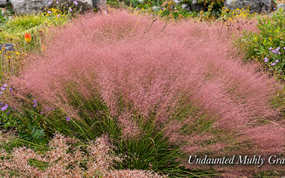 Undaunted Ruby Muhly grass with airy pink flower plumes in a sunny Colorado garden